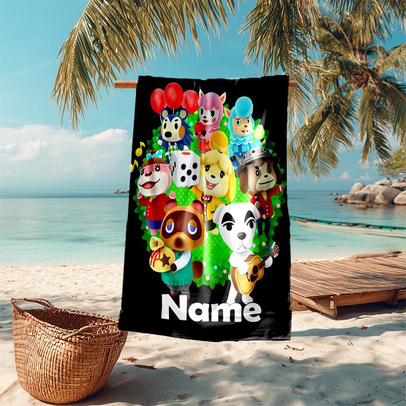 Personalized customized proof beach towel with Animal Crossing pattern - soft, absorbent, quick-drying, perfect swimming, camping&bathing
