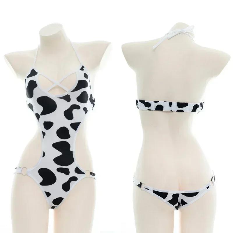 Cow Series Swimsuit Bodysuit Bikini Maid Unifrom Costume Summer Beach Kawaii Girl Swimwear Skirt Uniform Set Cosplay