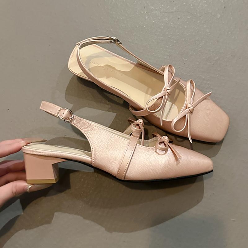 Women Heeled Sandals Bow Square Toe Dress Shoes Luxury Woman's Pumps 2025 New Designer Sexy Elegant Zapatillas De Mujer