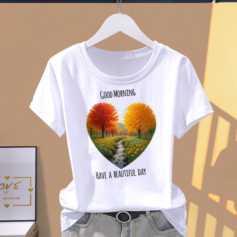 (Asian Size) Style Flower Cute O-neck Casual Clothing Short Sleeve T Shirt Printed T-shirts Fashion Female Women's Top Graphic Tee