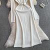 Autumn Winter Women Elegant V-neck Pearl Button Knitted Sweater White Office Work Slim Bodycon Sheath Dresses