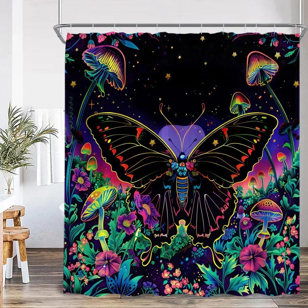 Vintage Butterfly Floral Shower Curtain Dragonfly Flower Moon Plant Skull Witch Magic Shower Curtain Bathtub Decoration