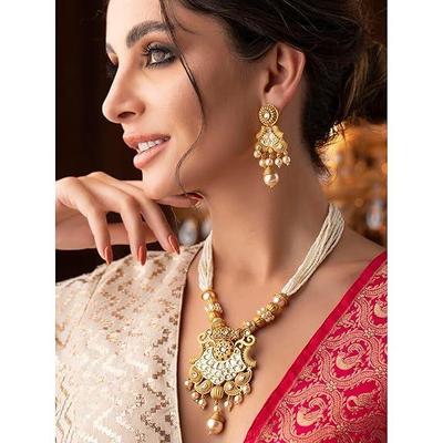 Gold-Plated Handcrafted Artificial Traditional Jewelry Set-Ruby/Kundan Stones & Pearl Beaded Multistrand with Matching Earrings For Women and Girls