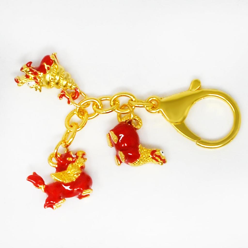 Feng Shui Three Harmony Animal Keychain, Harmony Balance Amulet, Lucky Wealth, Dragon, Turtle, Lion, Red, 3.741 inch