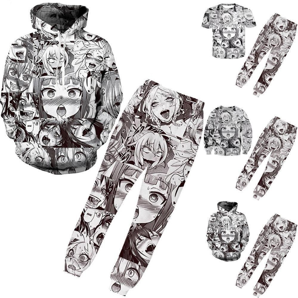 Ahegao Anime Face Hoodie And Pants Creative 3d Printed Jogger Suit For Men And Women