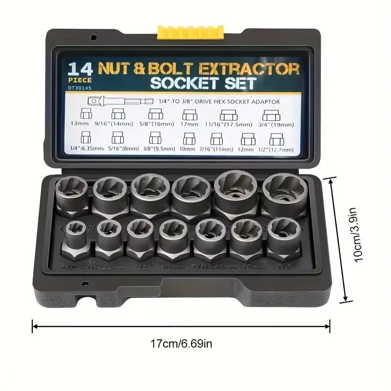 14 Pcs Impact Bolt Nut Remover Set Cr-Mo Steel Bolt Extractor Tool Set for Industrial