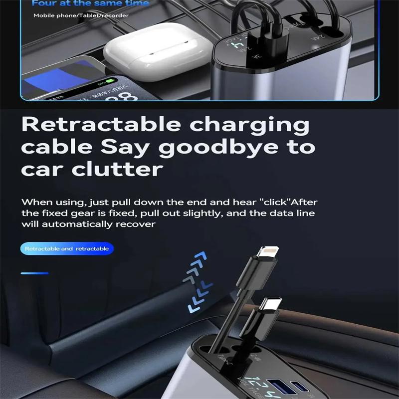 Adaptor încărcător 4 în 1, brichetă auto, încărcător telefon, încărcare rapidă de 120 W, încărcare flash, încărcare auto retractabilă