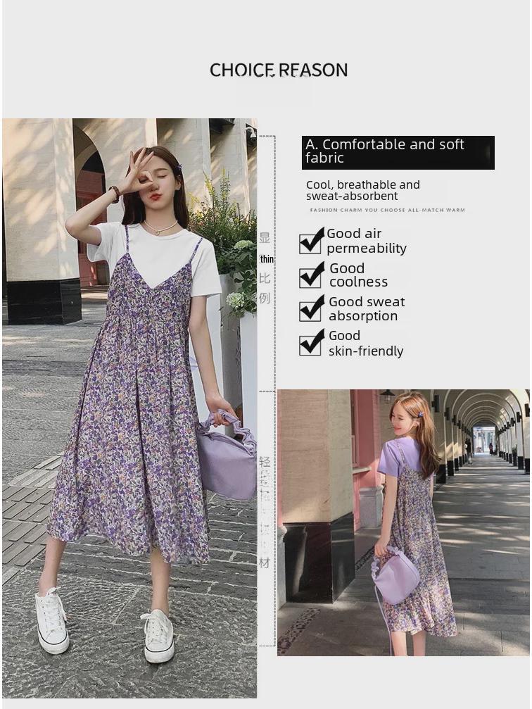 019 Grenzüberschreitendes Sommer-Umstandskleid in Midilänge mit Aufdruck: Kurzärmeliges Chiffon, Falsches zweiteiliges Design