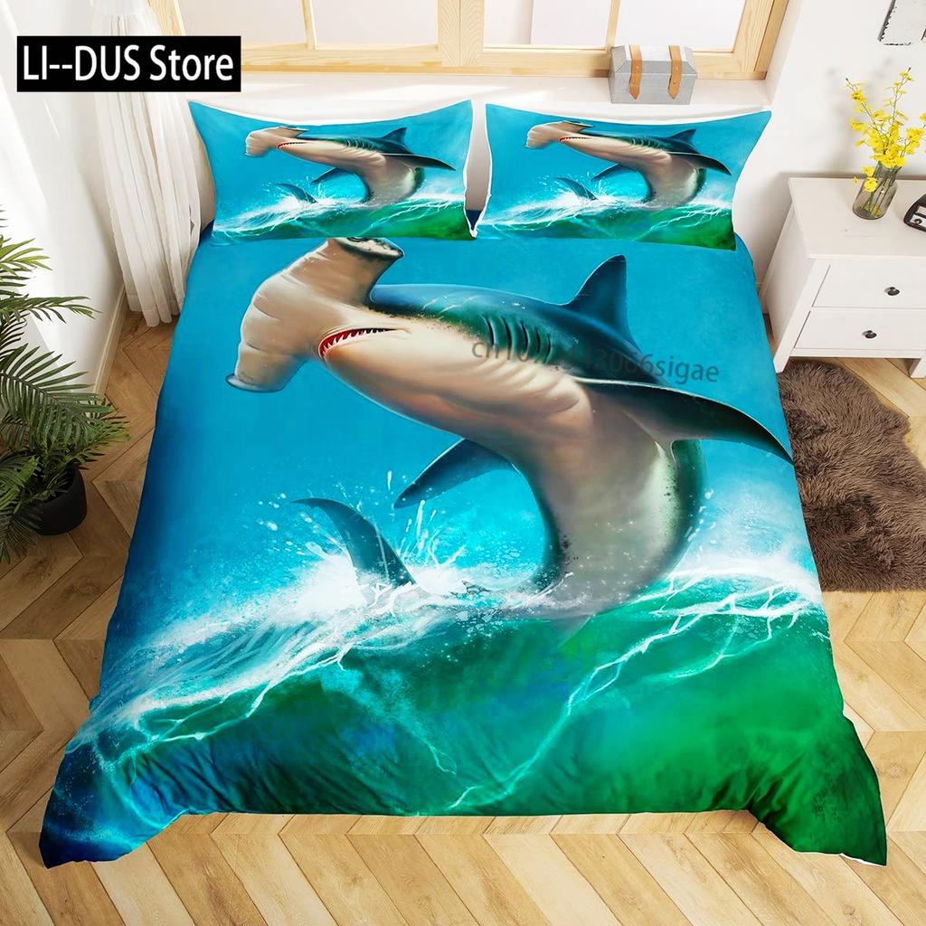 Shark Duvet Cover Set Deep Sea Animal Bedding Set Cartoon Ocean Sharks Colourful Hand Drawn Comforter Cover For Kids Boys Girls