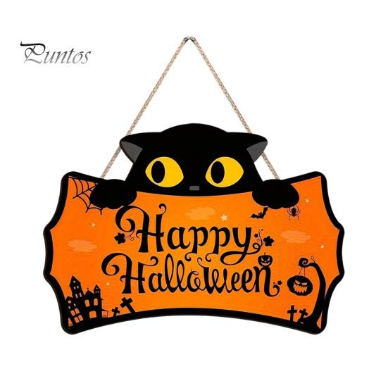 Halloween Yard Hanging Signs Wooden Door Plaque, Printed Black Cat Pumpkin Castle Spider Web Front Creative Gifts Sign, Waterproof Ornament for Indoor