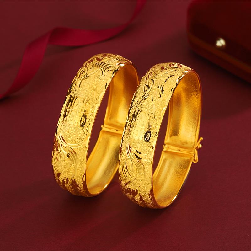 15mm Gold-Plated Double Happiness Bracelet, Dragon Phoenix Wedding Bangle 1# (price per piece)