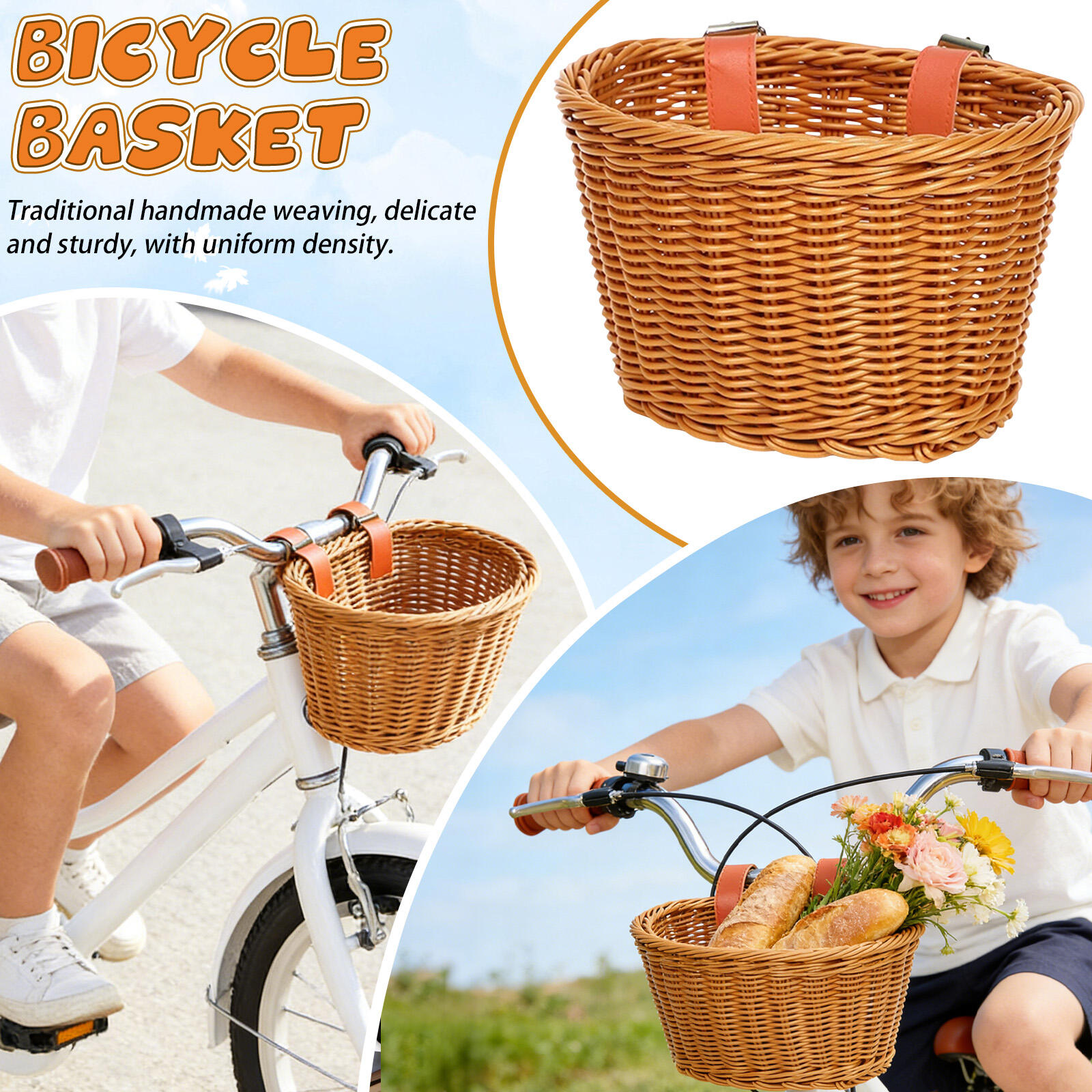 

Велосипедная корзина для переднего руля Детская Взрослая Плетеная корзина на руль Декор для велосипеда С кожаными ремешками Аксессуары Корзина One Size