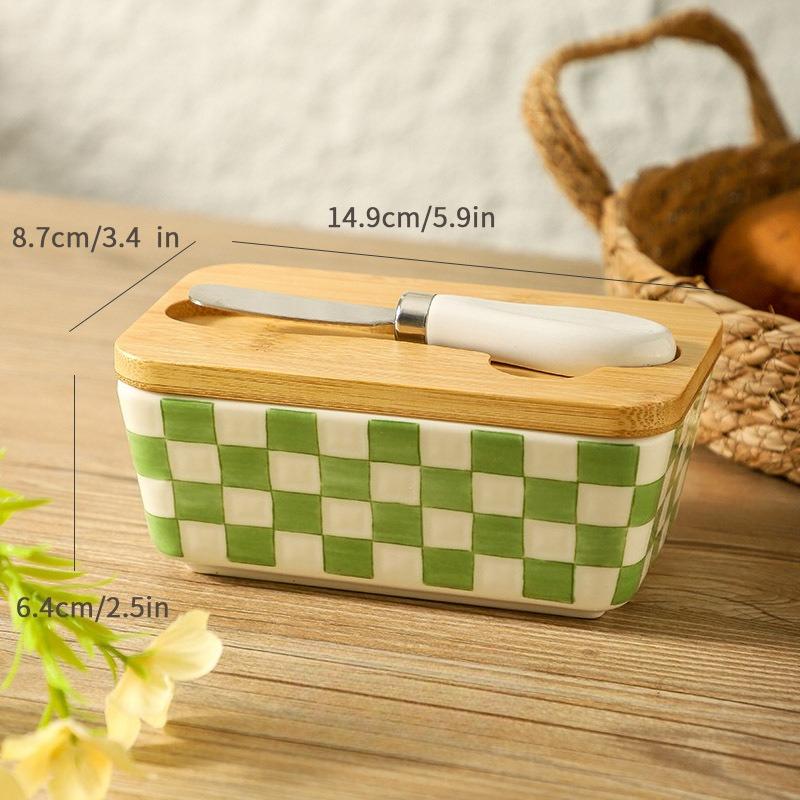 American Pastoral Style Ceramic Butter Container Box Restaurant Sealed Cheese Storage Box with Knife Bamboo Lid Butter Dish