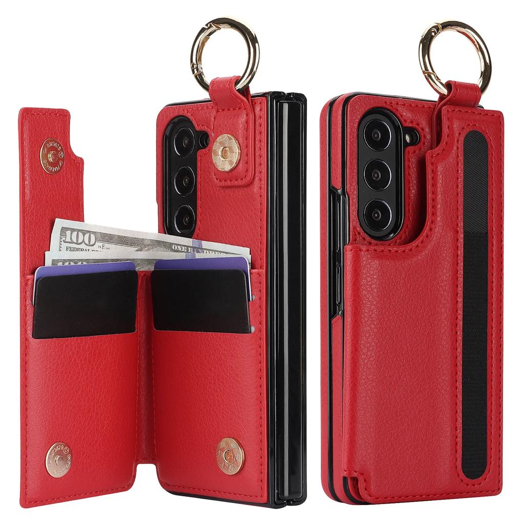 PU Leather Ring Phone Case for Samsung Galaxy Z Fold 7 6 5 4 3 Fold7 Fold6 Fold5 5G Wallet with Pen Holder & Card Slot (No Pen)