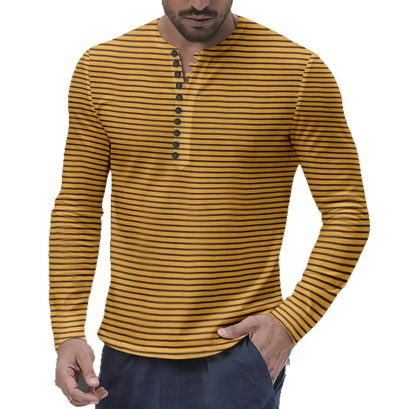

Men s Autumn and Winter Versatile Base Long-sleeved Henry Shirt Casual Horizontal Striped Henry T-shirt S жёлтый