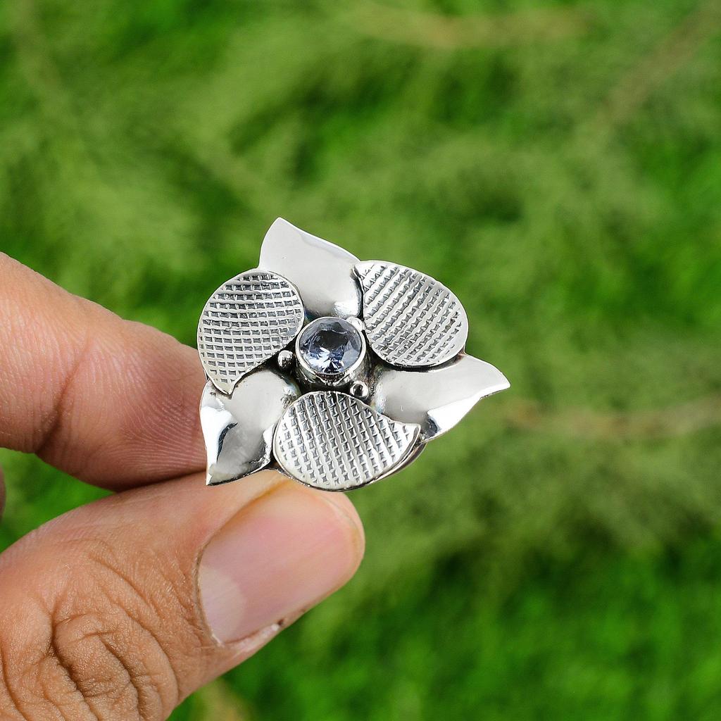 Natural Tanzanite Quartz 925 Silver Multi Stone Flower Adjustable Ring For Girls
