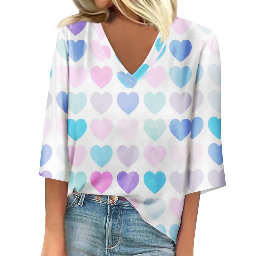 Ladies' Loose Casual Seven Quarter Sleeve V-neck Valentine's Day Printed T-shirt Top