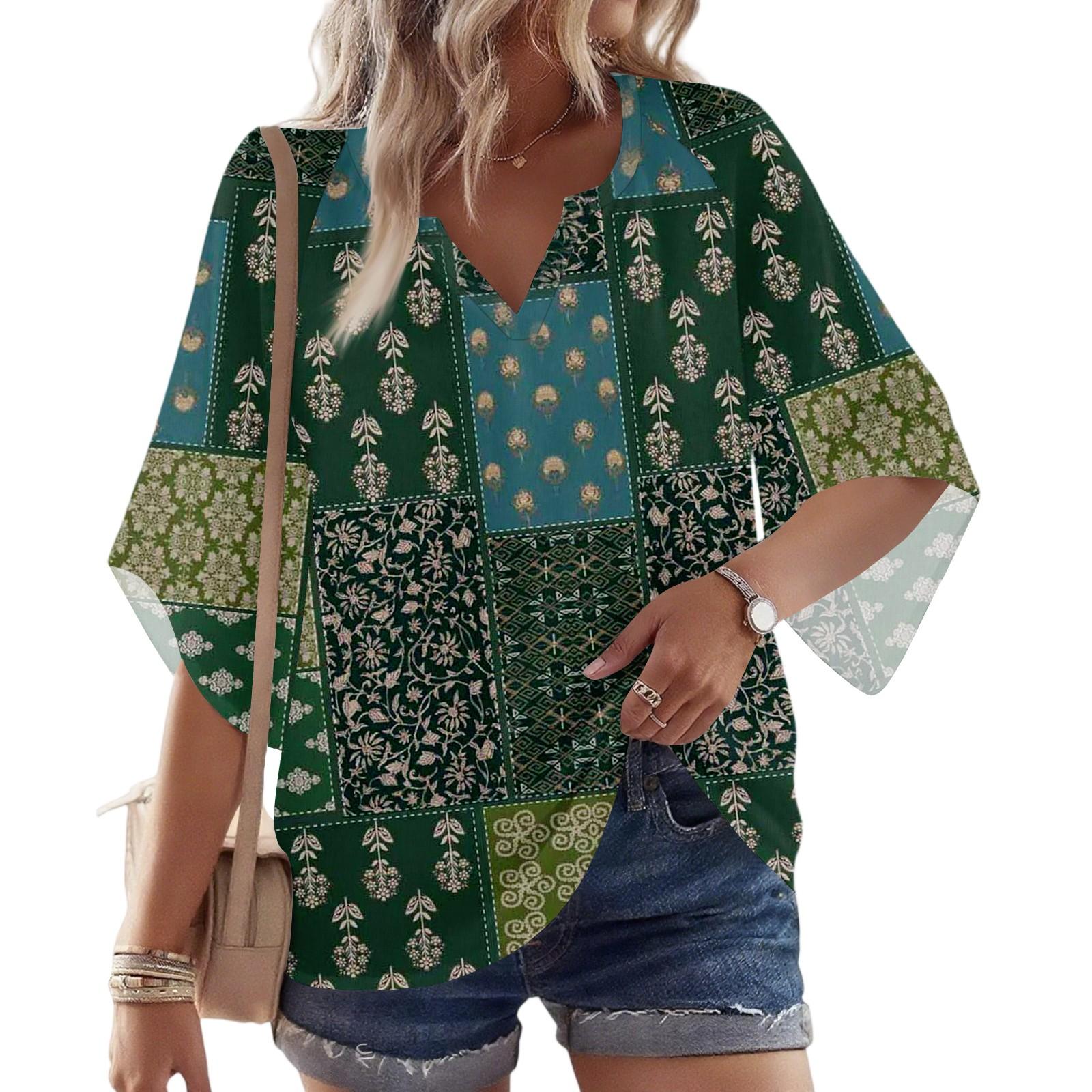 

Женская блузка с рукавом 3/4, V-образным вырезом и цветочным принтом, повседневная, свободная туника XL винный