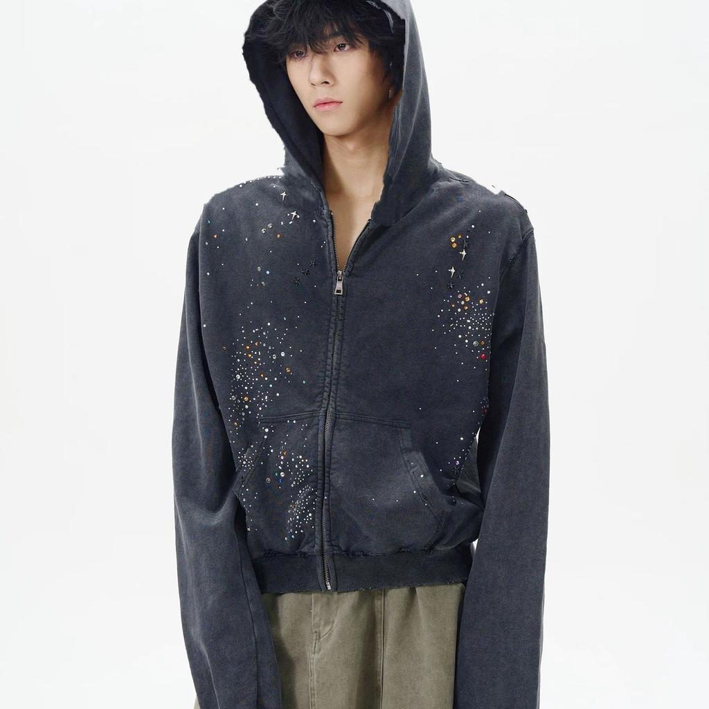 Giacca con Cappuccio Manica Lunga con Zip Unisex Oversize Streetwear Vintage Lavato Felpa con Stelle e Strass Cappotto