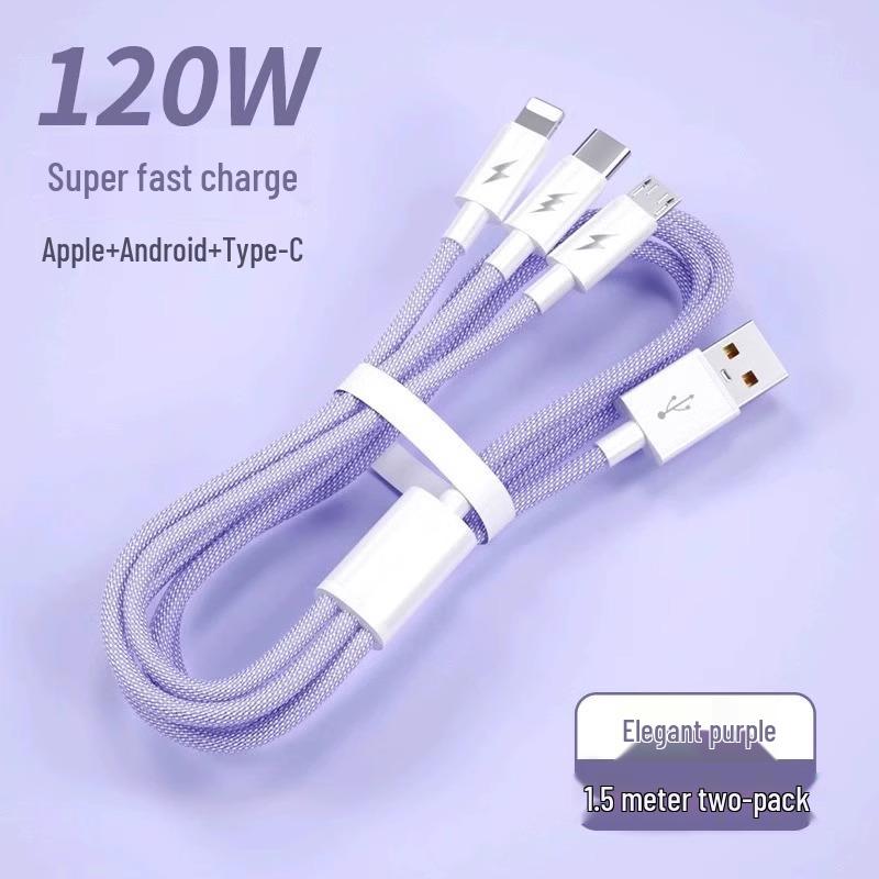 Multi-Head 3-in-1 Fast Charging Cable: 120W for Home, 66W for Car, Compatible with Apple Devices.
