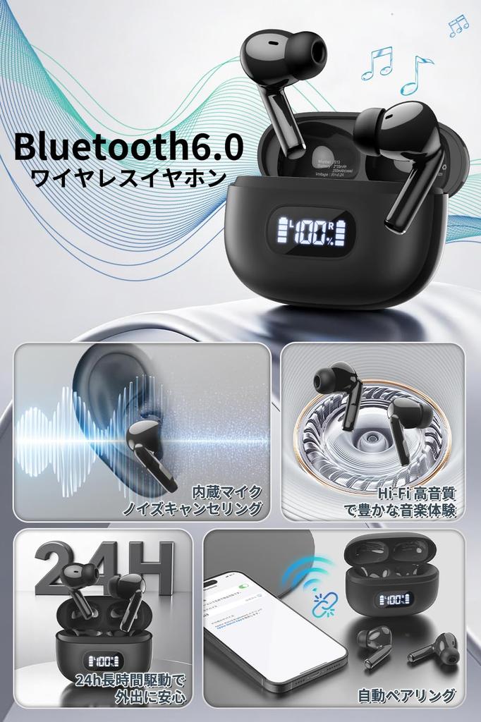 Earphones New Bluetooth Wireless Earphones ENC Noise Cancelling IPX6 Waterproof LCD Display Battery Level Indicator [2026 Model, 6.0] Hi-Fi