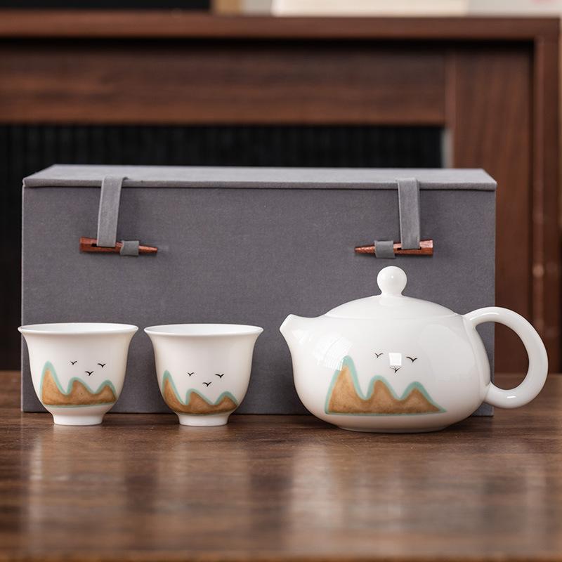 Beam Pot One Pot and Two Cups Suet Jade Porcelain Light Luxury Kung Fu Tea Set Kuaike Cup High-end Brocade Box Gift Box