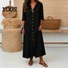 Retro Style Dress Women's Summer Button Down Long Dress, Casual Loose V Solid Color Neck Tunic Roll Up Sleeve Vacation Lounge Outfits Women