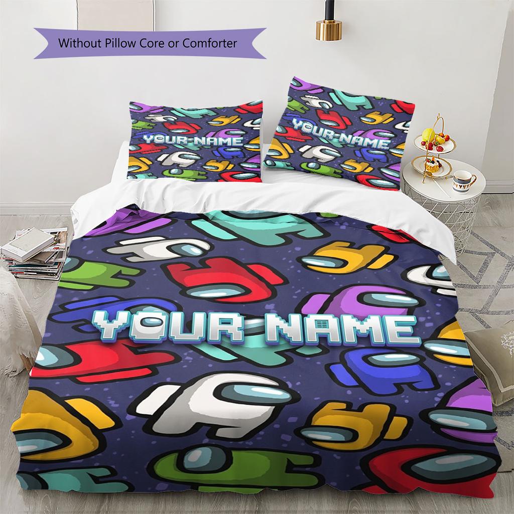 Among Us Custom Name Pattern Bedding,Quilt Set Quilt Cover Pillowcase Home Birthday Gift(1 * Duvet Cover + 2 * Pillowcase, Without Core)