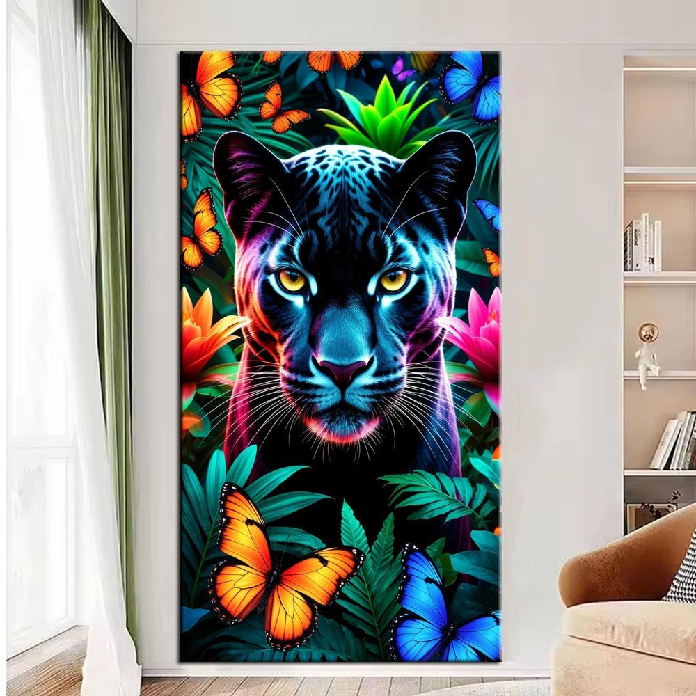 

Большой размер Мозаика Сделай сам Полные наборы для рисования бриллиантами Искусство Черный леопард и бабочка Вышивка крестом Стразы round 30x60cm красный