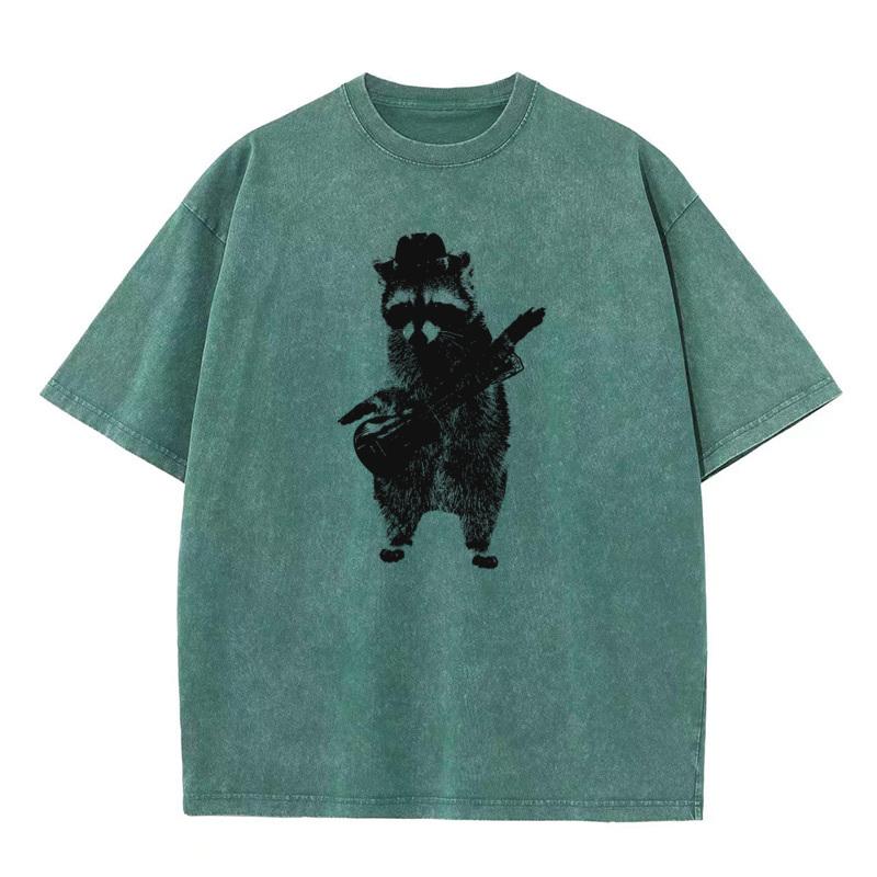 Raccoon Playing The Guitar Tops Tees Discount Crewneck Geek Short Sleeve All Cotton Male Washed T Shirt Slogan Washed Tees