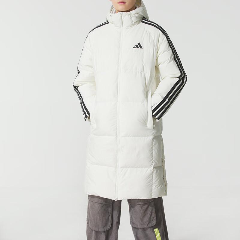 adidas 3S L Down Jacket Windproof Water-Repellent Warm Hooded Striped Mid-Length Duck Down Coat Men Jacket White KC2497