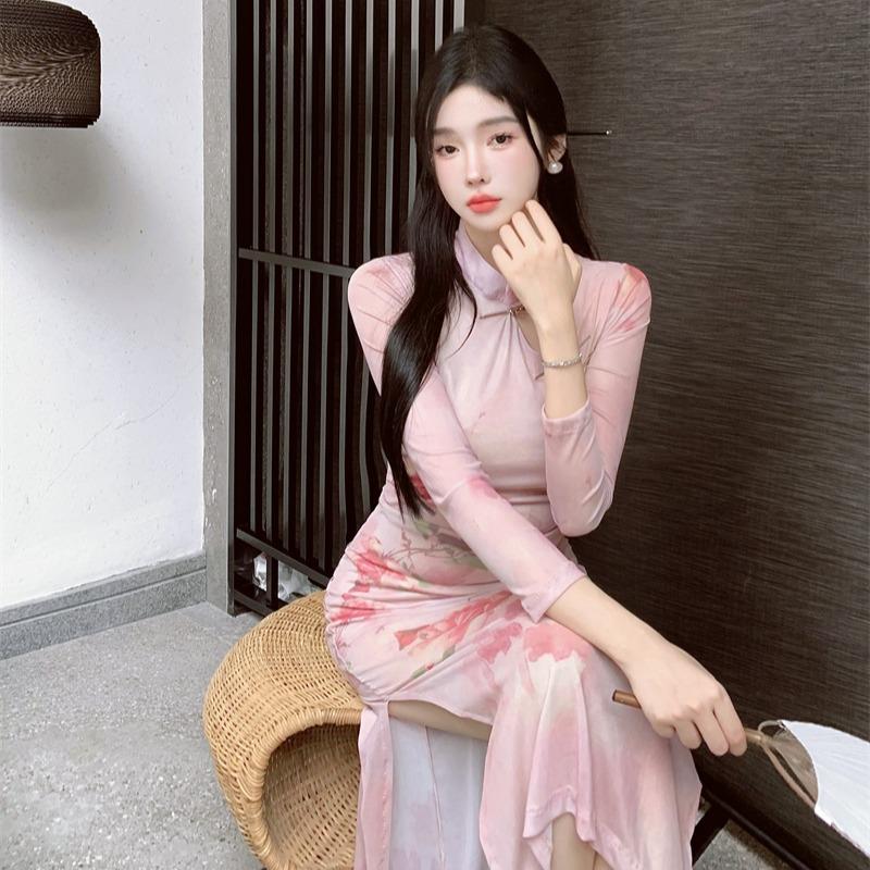 

Новое осеннее женское платье в китайском стиле с цветочным запахом и запахом вокруг ягодиц, сексуальное и элегантное, стройного роста и чонсам с разрезом.