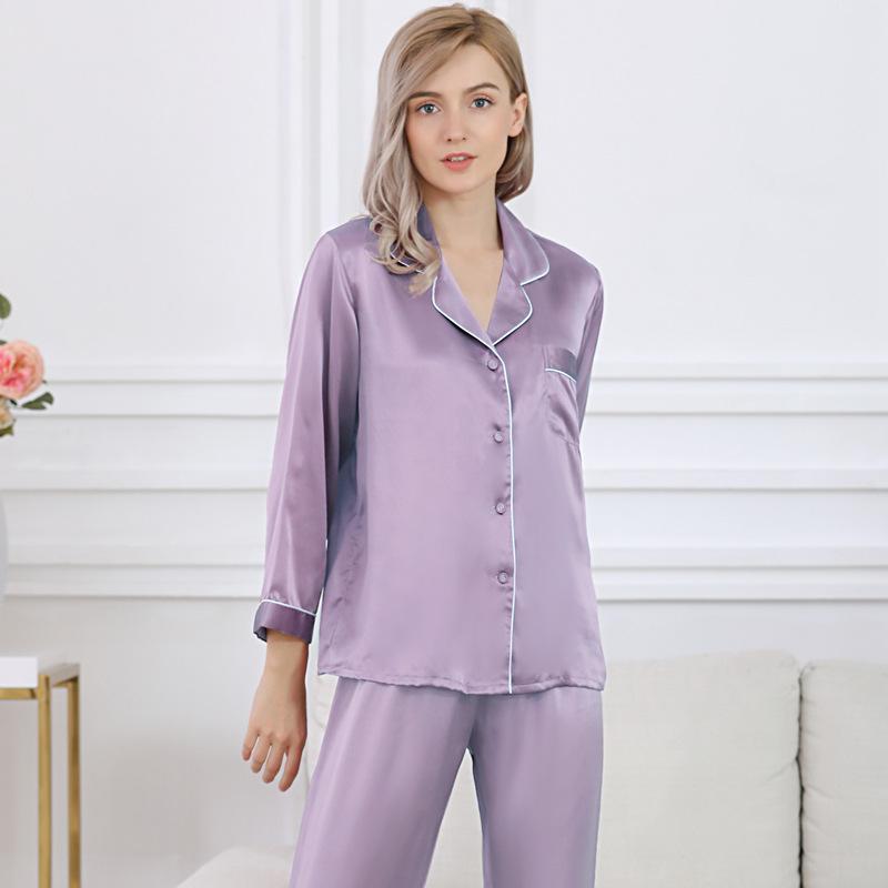 Birdtree  Silk Female Pajama Suits Long Top and Pant Silk Pajama Sets  Pijama Home Suit Autumn Spring