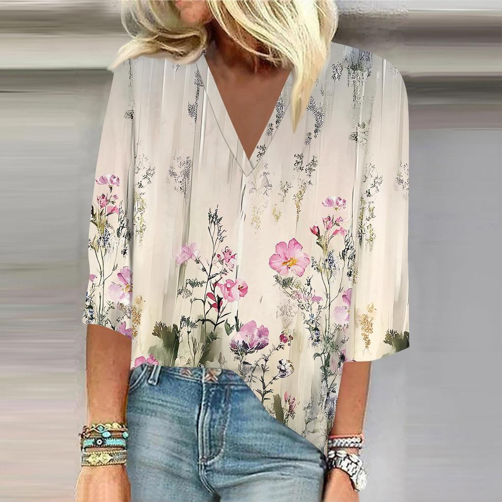 Women's Shirt Blouse Casual Loose Shirts 3/4 Sleeve Print V Neck Tops Print Tops T-shirts Tee