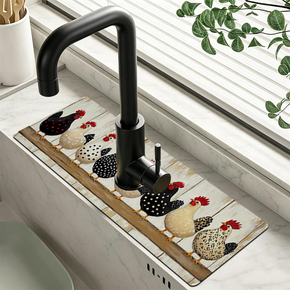 1 pièce Poulets Colorés Tapis Absorbant pour Robinet, Tapis de Drainage, Évier de Cuisine, Tapis de Drainage pour Plan de Travail, Lavabo en Terre de Diatomées, Tapis Découpable à Séchage Rapide