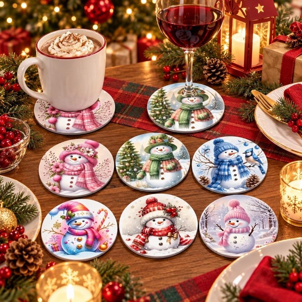 6pcs Snowman Santa Claus Coaster Wooden Coffee Cup Mat Christmas Drink Coaster  Christmas Party