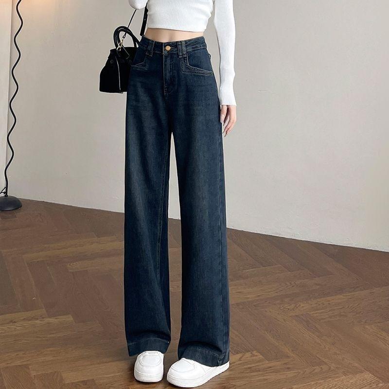 Fleece thickened narrow wide-leg jeans for women, new high-waisted winter thin elastic embroidered straight-leg trousers
