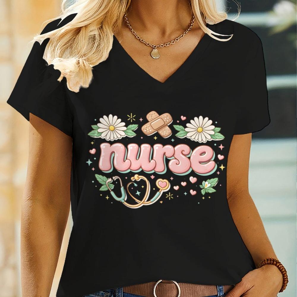 Floral Nurse T Shirt Registered Nursing Short Sleeve V-neck Tee Nurse Life Fashion Casual Tops Wild Flowers Nurse T Shirt