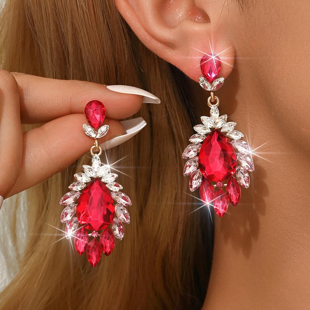 Square Big Red Festive Earrings Wedding High-End Sense Rhinestone Earrings Pendant Temperament Women'S Earrings