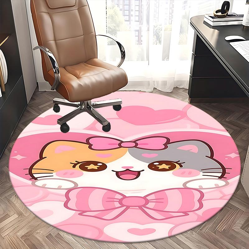 Cute Cat Round Chair Mat - Pink Heart Decorative Rug for Home Office