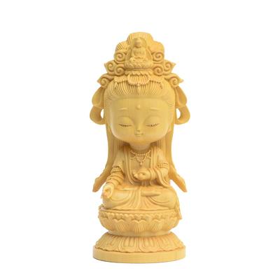 Hanlou Art Sculpture Miniature Cute Kannon Bodhisattva Made of Wooden Ornament for Protection from Good and Blessings X Width X Depth Statue, Boxwood,