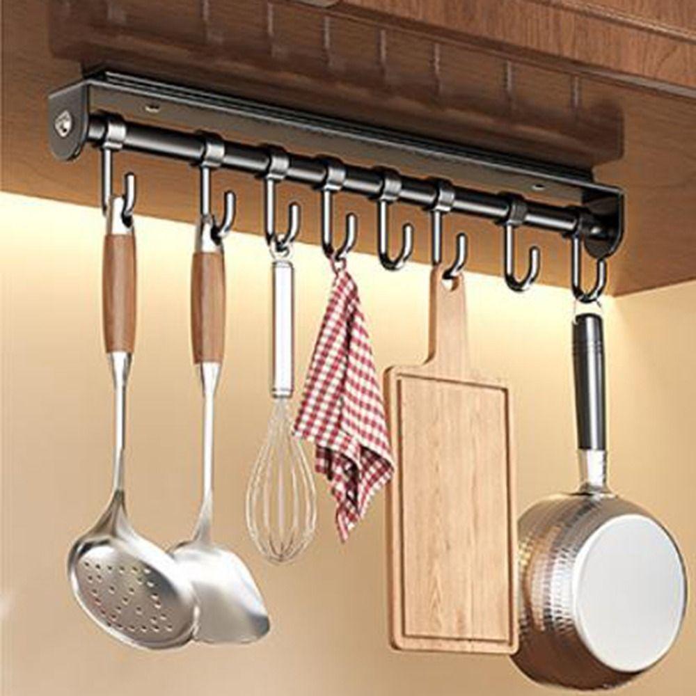Wall Mounted Pull Out Utensil Hanging Rack Multi Hooks Sliding Rail Hooks Spatula Spoon