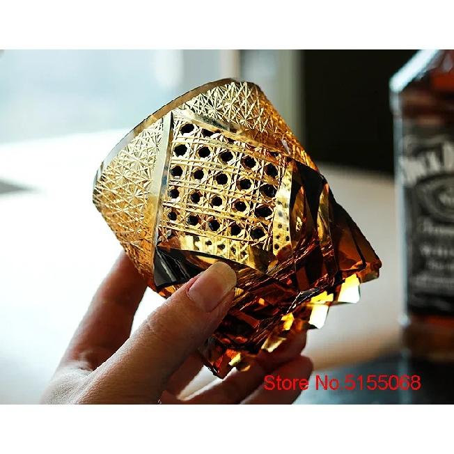 Japanese Black Warrior Armor Edo Kiriko Whisky Rock Glass Amber Crystals Whiskey Cup High-end Wine Glass Hand Cut Brandy Snifter