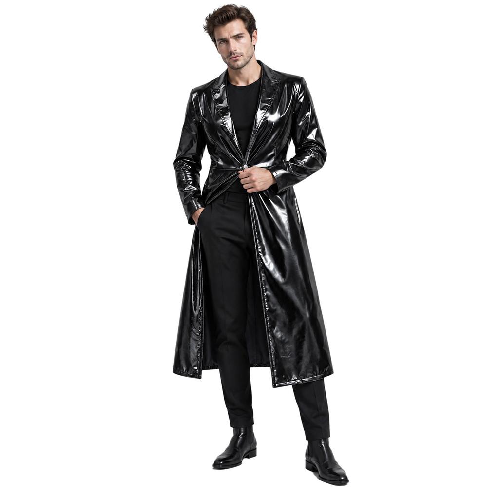 Men Ankle Length Metallic Trench Coat with Turn-down Collar Long Sleeve One Button Closure Jacket for Daily Casual Club Party