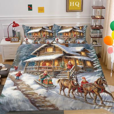 Christmas Snow House 3D Printed Polyester Pillowcase Quilt Cover Two Or Three Piece Set