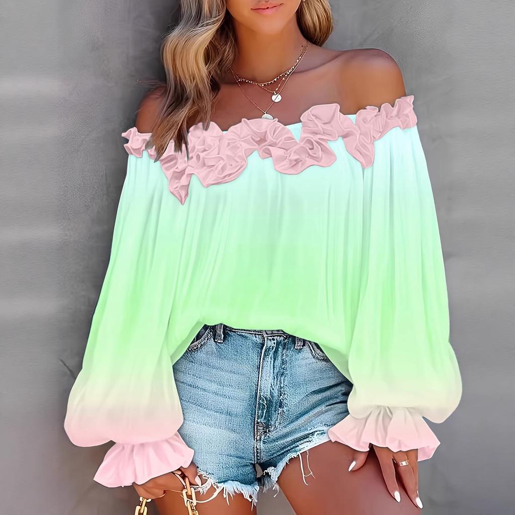 Neue Frühlingskleidung - Stilvolle einärmelige Farbverlauf-Spitzen-Off-Shoulder-Bluse für Damen