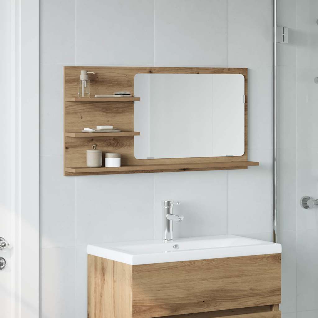Bathroom Mirror with Shelves Artisan Oak Finish 90 x 11 x 45 cm Engineered Wood