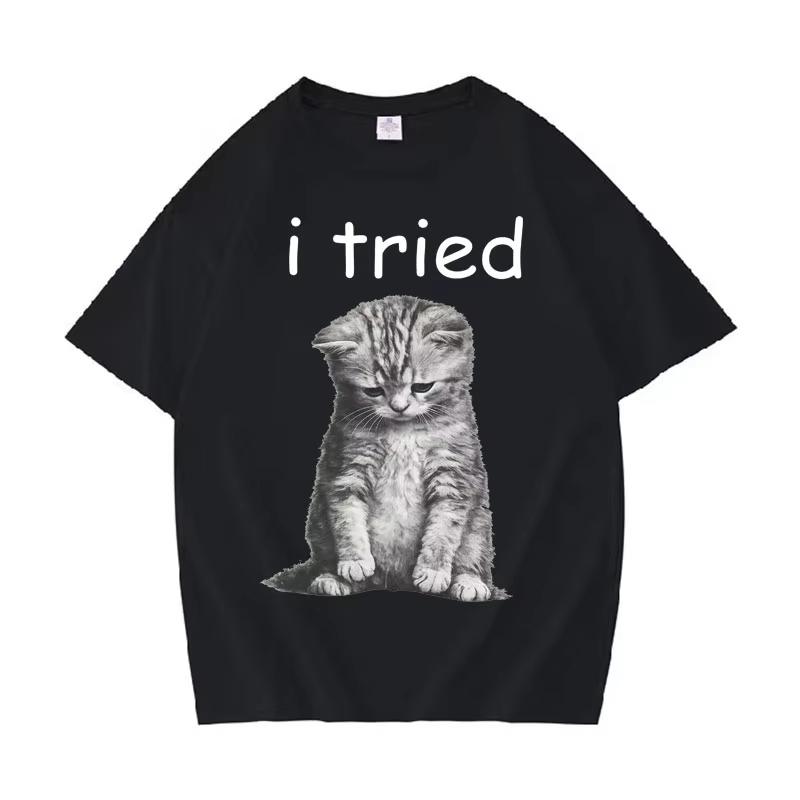 Я Попробовал Смешной Кот Мем Харадзюку Свитшот Мужской Женский Повседневный Высокое Качество Короткий Рукав Футболка Хлопок Уютная Футболка Streetw... S