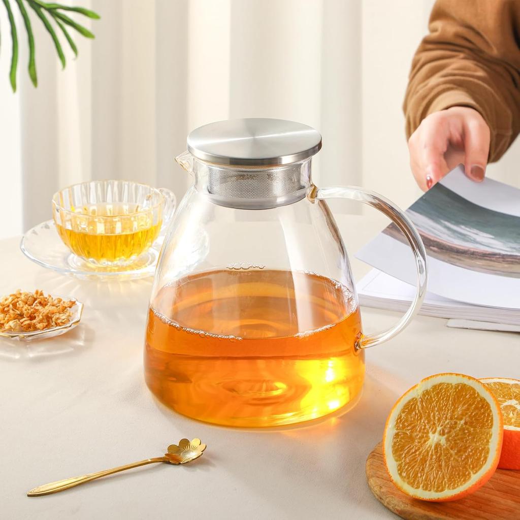 68OZ/2000ML One Touch Glass Teapot with Stainless Steel Filter Lid, Stovetop & Microwave Safe Tea Maker Water Kettle, Strainer & Cover 2 in 1 Loose