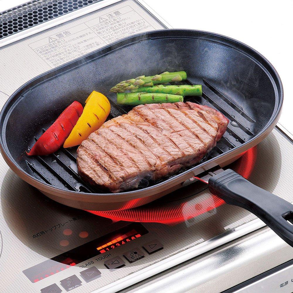 Wahei Freiz Frying PanGrill Pan, Easy Fish Grilling Pan, Marone Chef, 22 x 32 cm, IH Compatible, with Lid, Diamond Coated, MM-9542